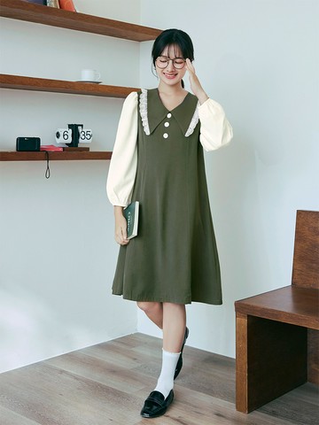 小V臉．V領蕾絲邊領片車線收腰中洋裝