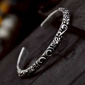復古泰銀做舊花紋手鐲小圈口女士飾品銀飾黑色手環大童款民族風苗