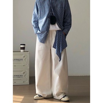 秋冬新款休閒百搭寬鬆寬褲男韓系時尚潮流撞色設計感長褲男