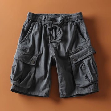 夏季阿美咔嘰復古美式水洗做舊松緊腰大口袋工裝休閑短褲五分褲潮