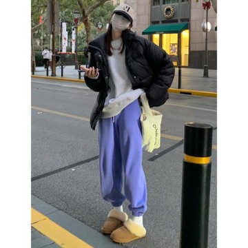 藍紫色時尚直筒美式衛褲女秋冬加絨加厚運動休閑小個子哈倫束腳褲