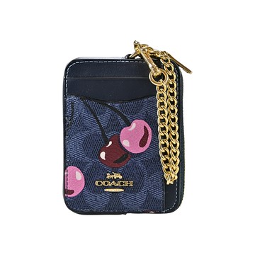 COACH 櫻桃印花丹寧藍C LOGO PVC鏈帶方型卡夾零錢包