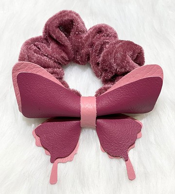 手工紫紅色系羊皮超美質感雙層鳳尾蝶蝴蝶大腸圈髮圈髮飾