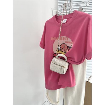 火龍果洋紅色正肩t恤短袖女夏季2025流行設計感別致甜辣茶系上衣