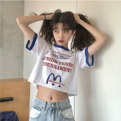 Tシャツ レディース 半袖 へそ出し ショート丈 カップル服 姉妹服 かわいい トップス ショートタンクトップ 夏 ゆるい 韓国ファッション 原宿系 ストリート 通販 Lineポイント最大get Lineショッピング