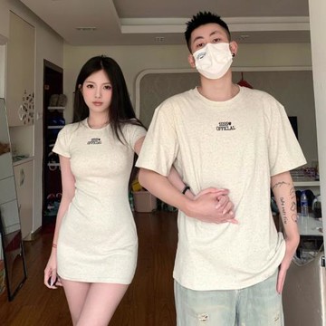 美式高級感情侶裝一裙一衣設計感小眾潮牌字母刺繡百搭t恤裙子夏