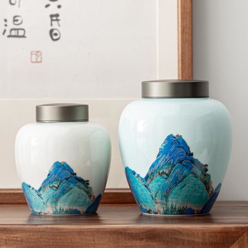 琛森 羊脂玉茶葉罐子陶瓷密封罐金屬雙蓋自吸藏茶罐防潮茶倉家用