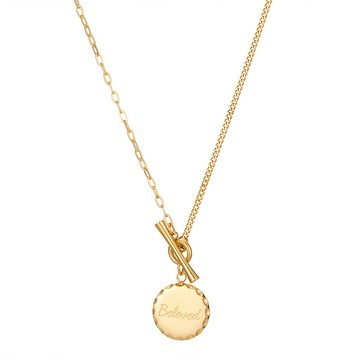 宏雲Hongyun-QJ-beloved圓牌金幣吊墜項鍊女ab不對稱拼接鏈ot扣鎖骨鏈鈦鋼鍍18k金