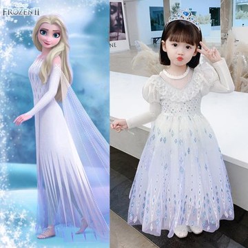 冰雪奇緣艾莎公主裙女童純棉V領花童禮服寶寶cosplay表演長裙春夏