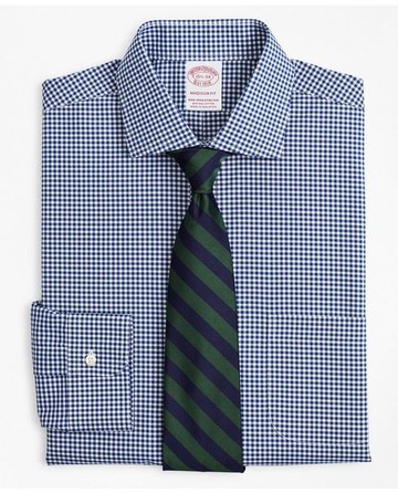 Brooks Brothers Men's Stretch Madison Relaxed-Fit Dress Shirt, Non-Iron Poplin English Collar Gingham | Navy | Size 14½ 34