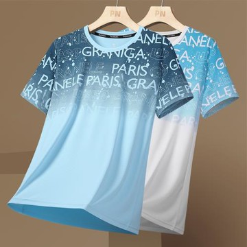 冰絲網眼短袖T恤男士夏季新款薄款潮牌圓領漸變大碼速干體恤上衣