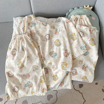 可可裡👛睡衣三件套女夏季雲朵棉圓領短袖短褲長褲甜美卡通夏天家居服套裝超大碼
