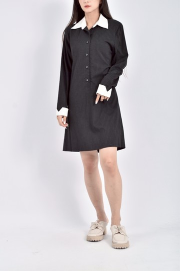 (M) ma tsu mi質感長袖翻領豎紋黑色洋裝
