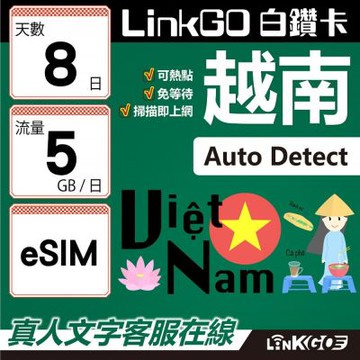 LinkGO白鑽卡 越南 eSIM卡 8天上網卡 每日5GB 高速流量(越南網卡 下龍灣 峴港 胡志明市)