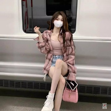🎈流行女裝🎈2025新款韓版粉色格子襯衫寬鬆防曬慵懶風長袖中長款女裝夏季上衣