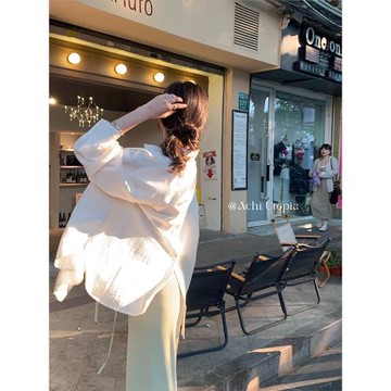 ACHI大也池亞麻白色翻領襯衫女長袖寬松防曬外套后背開叉落肩上衣