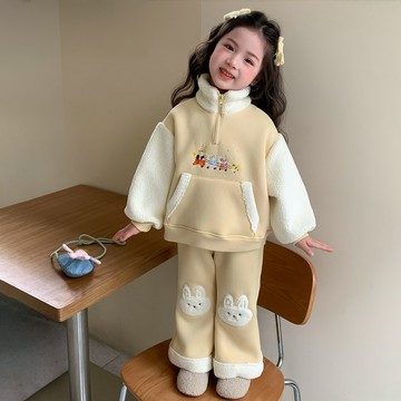 【中小女童】卡通刺繡羊駝絨加厚套裝