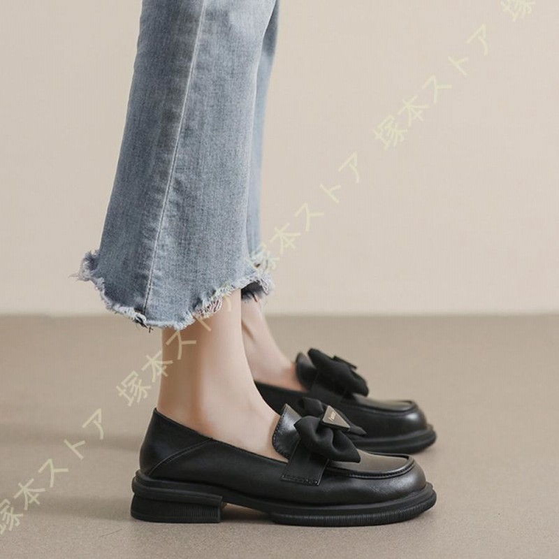 ラウンドトゥ ローファー 厚底 太めヒール カジュアルシューズ