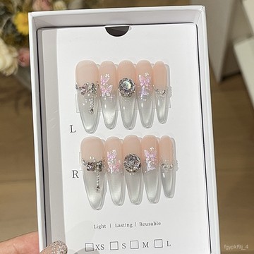 🎀可可精選🎀【蝶織夢】桃汐裏春夏純慾感顯白清冷月光貓眼蝴蝶精品堆鑽穿戴甲手工穿戴甲顯白美甲片百搭美甲貼片 UR0H