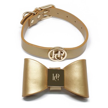 澳洲Happy Go Puppy 皮革蝴蝶結項圈-香檳金