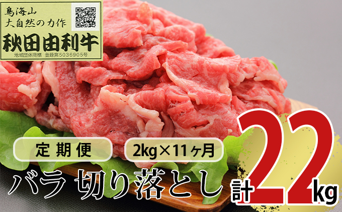 《定期便》11ヶ月連続 秋田由利牛 バラ切り落とし 2kg（1kg×2パック）