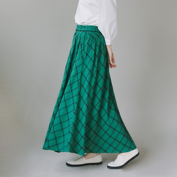 格紋鬆緊A字長裙 綠F