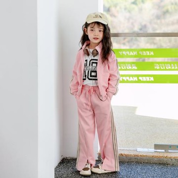 女童春秋季時尚純棉休閑兩件套裝兒童中大童學生喇叭衛褲立領外套