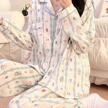 睡衣 帶胸墊 翻領雲朵棉 寬鬆睡衣 舒適家居服 休閒 可外穿  甜美少女 長袖長褲 兩件套 開衫睡衣 睡衣套裝