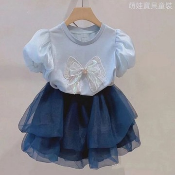 萌娃寶貝~ 女童泡泡袖T恤套裝中小童韓版蝴蝶结上衣网纱半身裙两件套 女童泡泡袖上衣 女童網紗半身裙 女童洋裝 女童裙子套