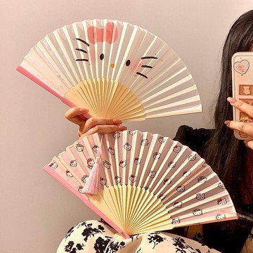 【臺灣-出貨】學生版可愛卡通小貓摺疊扇子夏季小巧竹扇便攜隨身拍照舞蹈摺扇DWF55