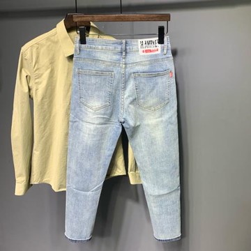 春秋季修身微彈流行小腳褲子青年潮牌高品質薄款淺色九分牛仔褲男