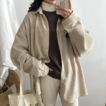 【太妮絲M62-2】現貨 韓系 奶油色 燈芯絨 襯衫 寬鬆襯衫 襯衣 長版襯衫 外套 罩衫 寬鬆 翻領 襯衫外套