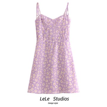 澳洲小眾紫色小雛菊印花吊帶裙海邊度假風肩部系帶連衣裙抹胸短裙