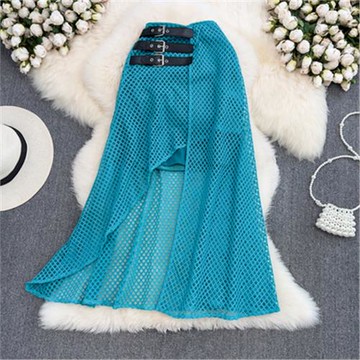 高腰顯瘦中長款過膝開叉網紗半身裙