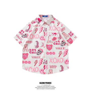 GPstudio多巴胺趣味卡通粉色短袖襯衫男夏季設計感休閑度假花襯衣