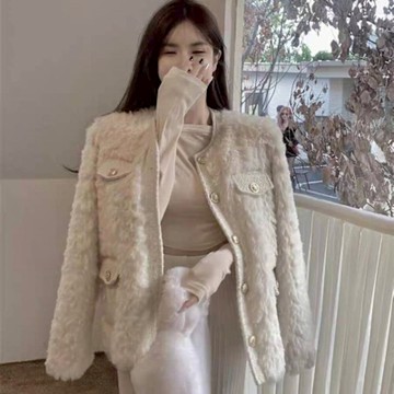 BBHONEY 韓風加厚寬鬆羊羔 小香風口袋毛絨絨外套