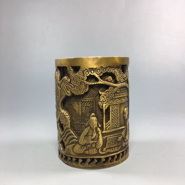 仿古純銅筆筒擺件福祿壽鏤空雙層筆筒文房用品裝飾禮品收藏品