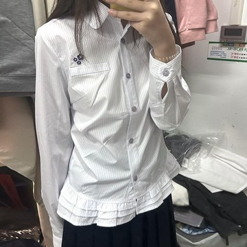 【 𝑭𝒍𝒐𝒘𝒆𝒓𝒔𝒆𝒂】日系甜美 學院風條紋長袖襯衫 春秋新款 荷葉邊下擺 設計感上衣 長袖襯衫女