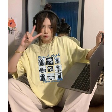 【林木木】100%純棉 t恤女 短袖上衣 印花 t恤 正韓短袖 落肩上衣 重磅短袖