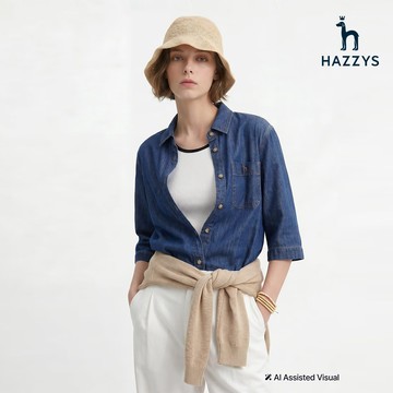 【HAZZYS】女款丹寧藍口袋小h刺繡丹寧五分袖短袖牛仔襯衫 YSYKC816