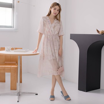 【SALE】HS 波紋浪漫長洋裝 氣質粉