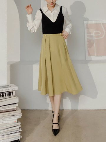 素色造型腰頭打褶傘襬中長裙