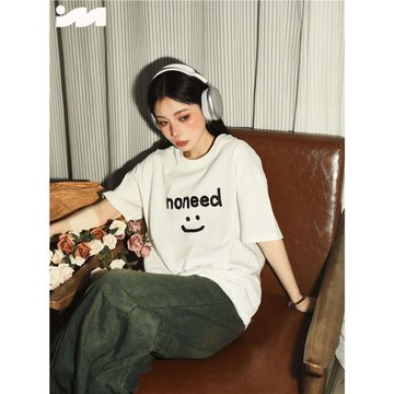 NOMT  國潮笑臉字母小眾設計休閑寬松T恤圓領情侶款短袖夏季上衣