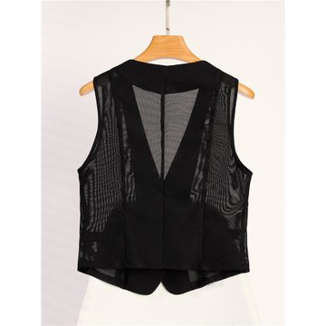 2025夏季新款遮肉百搭網紗馬甲女短款薄款v領修身西裝小背心外搭