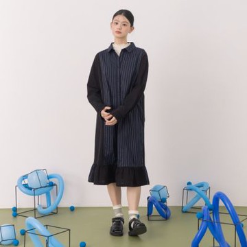 【MOSS CLUB】異材質條紋拼接襯衫領開襟洋裝 藍 咖