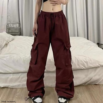 錦綸速幹工裝褲女夏季美式降落傘褲子高腰闊腿休閒束口運動褲