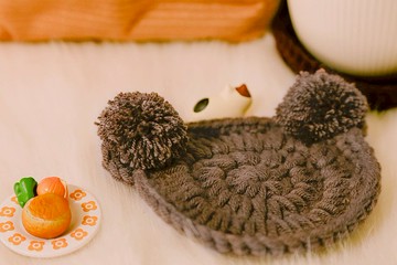簡約 絨毛耳朵 熊熊杯墊 純手工 編織杯墊 咖啡色 四入一組