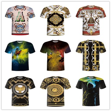 2018春夏新款3D水彩圖畫小鳥金花鐵鏈字母印花男休閑時尚短袖T恤