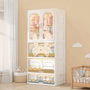 58面寬速組型萌兔印花雙開門兒童衣櫃(2掀蓋+1抽屜)-多色可選 麵包物語