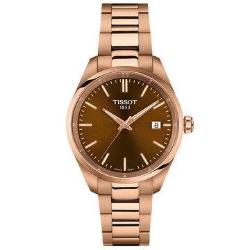 TISSOT 天梭 PR100 簡約時尚女錶-咖啡x玫瑰金/34mm T1502103329100